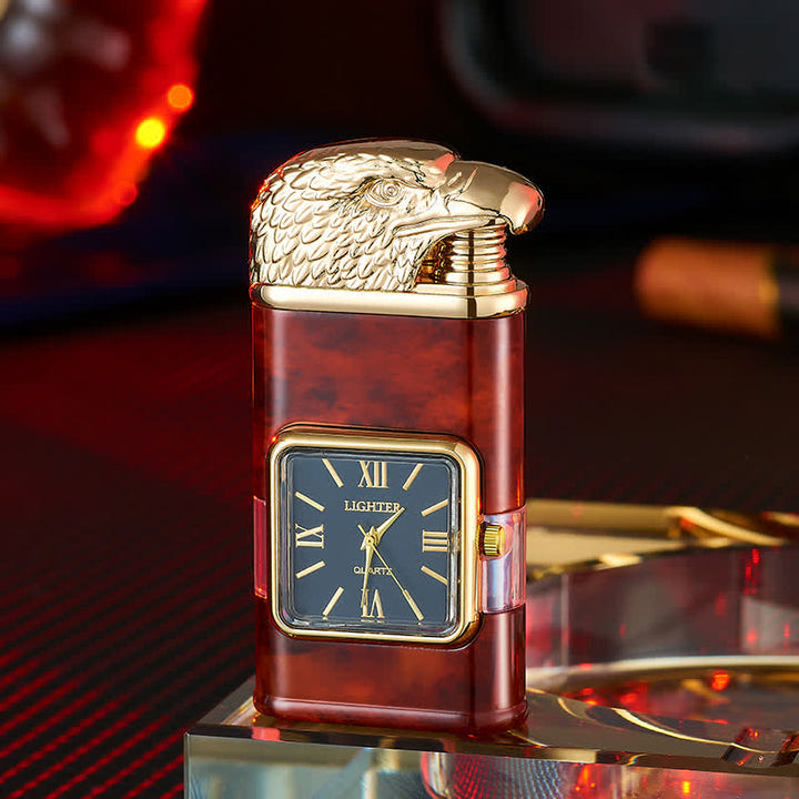 Briquet butane rechargeable à double flamme avec horloge et motif tête d'aigle