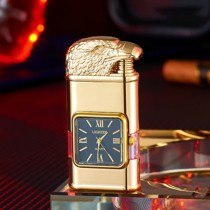 Briquet butane rechargeable à double flamme avec horloge et motif tête d'aigle