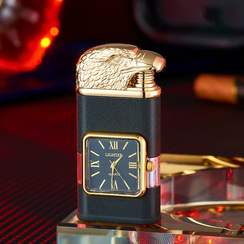 Briquet butane rechargeable à double flamme avec horloge et motif tête d'aigle