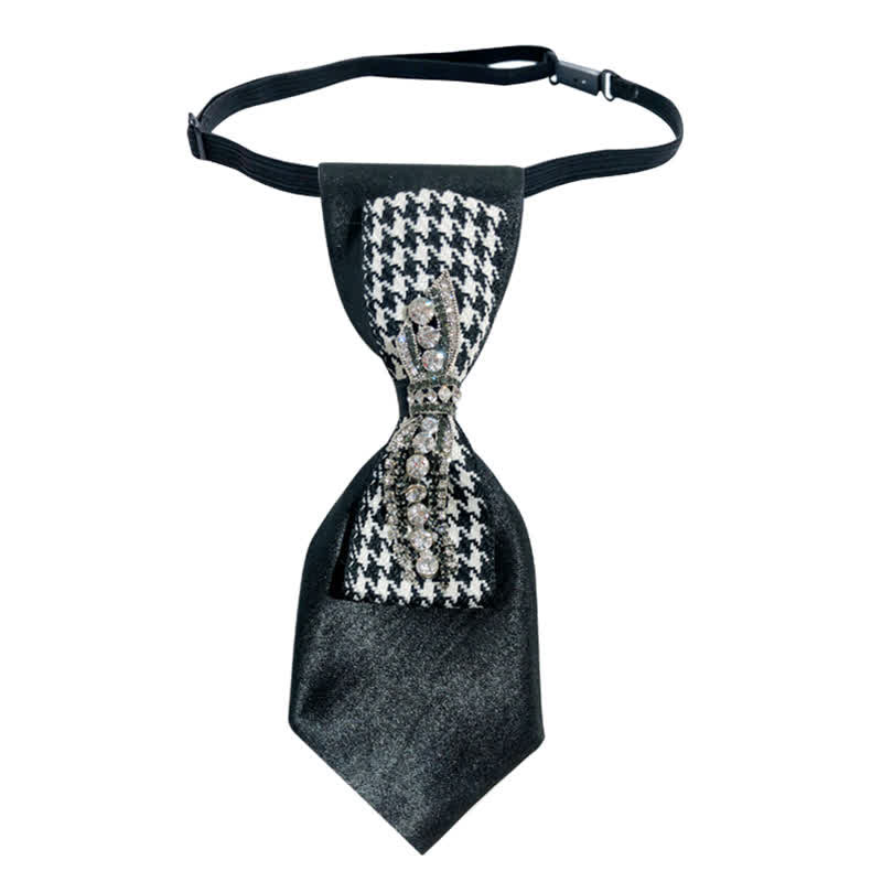 Cravate créative en forme de nœud à strass et motif pied-de-poule noir
