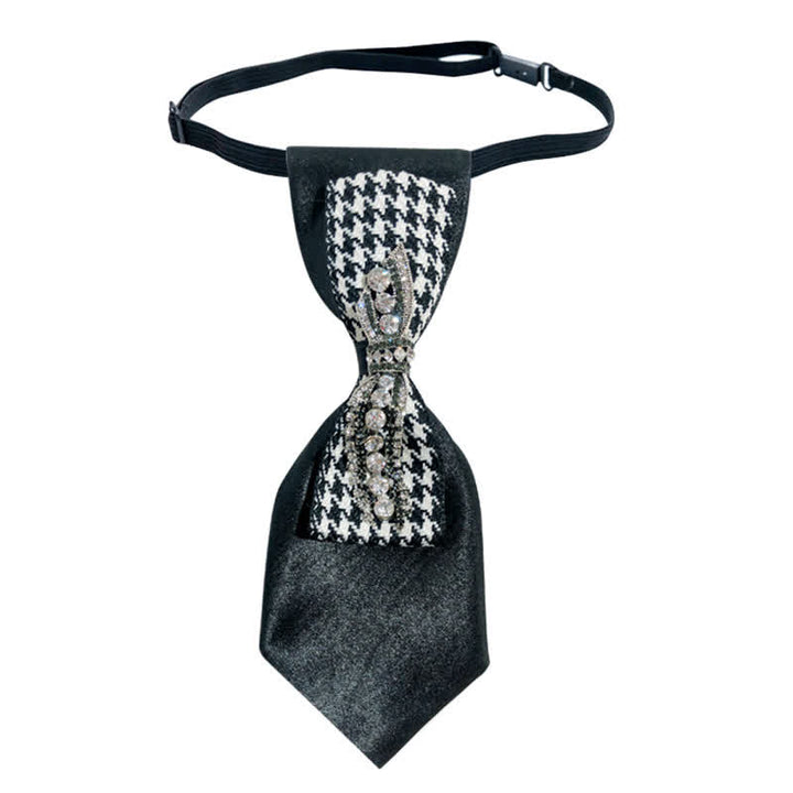 Cravate créative en forme de nœud à strass et motif pied-de-poule noir