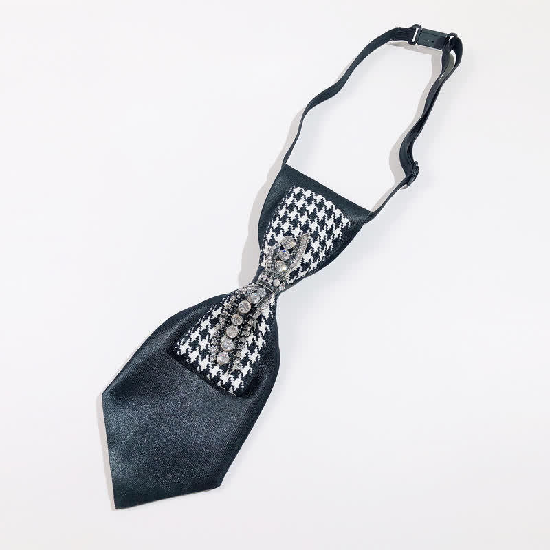 Cravate créative en forme de nœud à strass et motif pied-de-poule noir