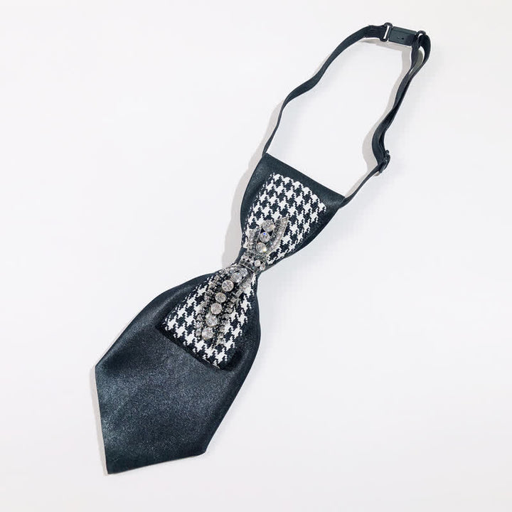 Cravate créative en forme de nœud à strass et motif pied-de-poule noir