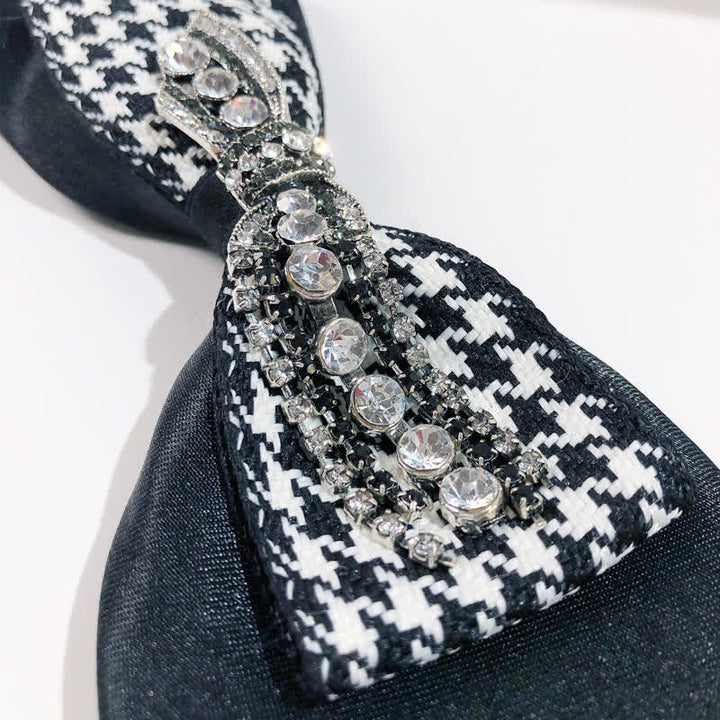 Cravate créative en forme de nœud à strass et motif pied-de-poule noir