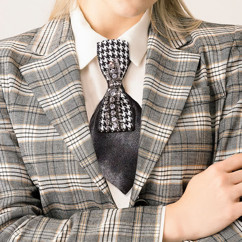 Cravate créative en forme de nœud à strass et motif pied-de-poule noir - Noir - image 0