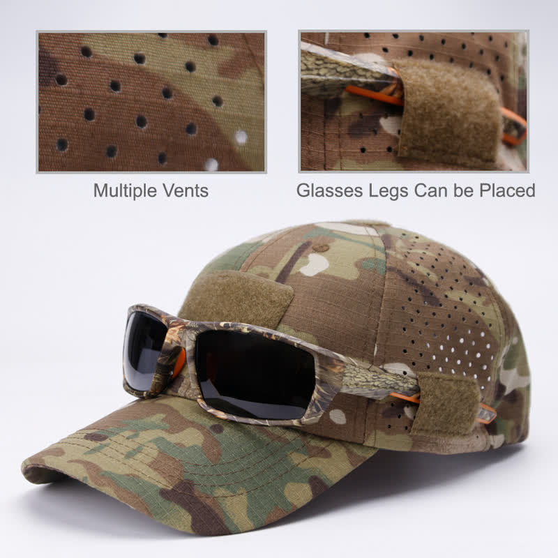 Casquette de baseball camouflage respirante avec trou pour lunettes Velcro