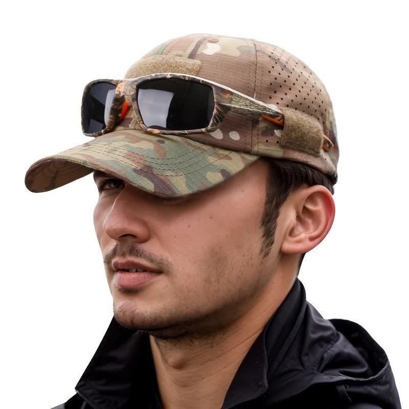 Casquette de baseball camouflage respirante avec trou pour lunettes Velcro