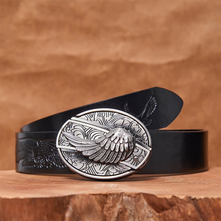 Ceinture en cuir pour homme avec couteau pliant caché et ailes d'ange
