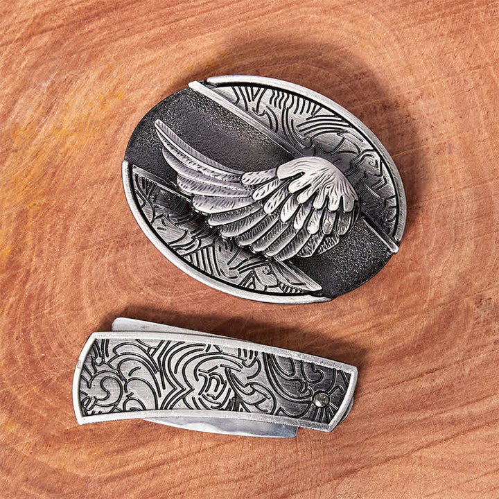 Ceinture en cuir pour homme avec couteau pliant caché et ailes d'ange