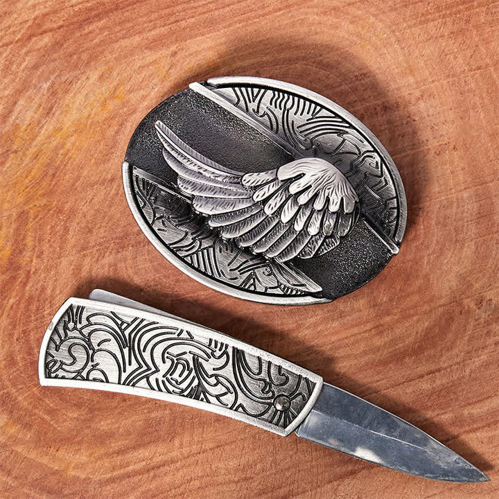 Ceinture en cuir pour homme avec couteau pliant caché et ailes d'ange