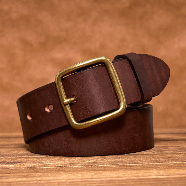 Ceinture en cuir à boucle carrée en laiton vintage simple et chic - Café - 44 - image 5