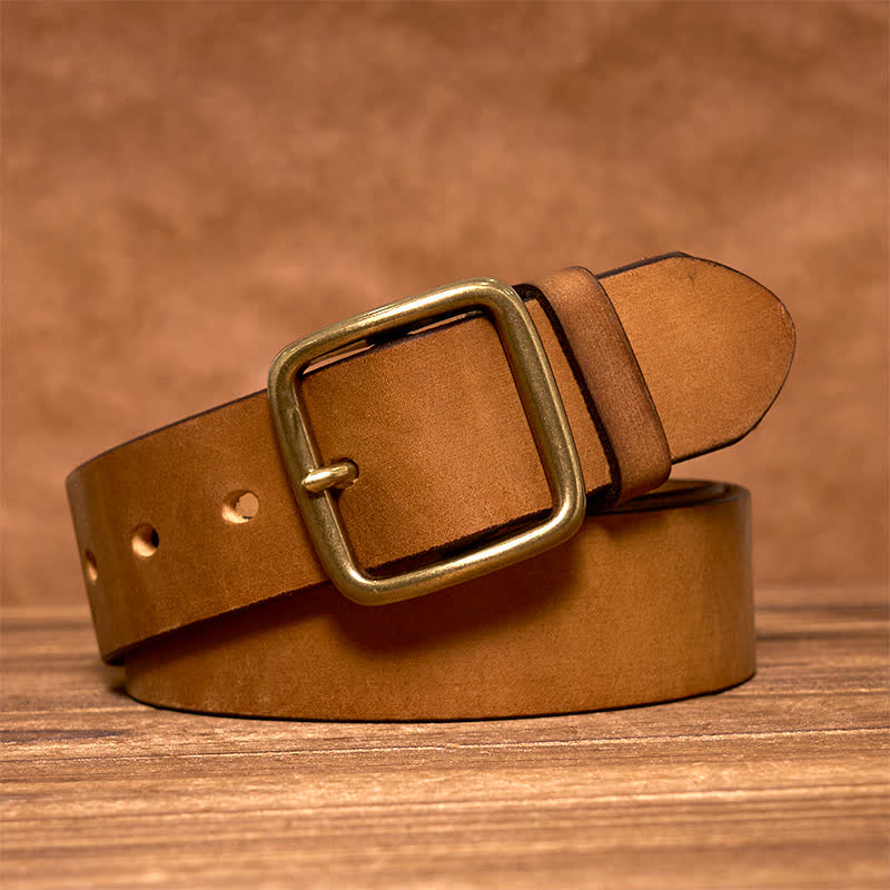 Ceinture en cuir à boucle carrée en laiton vintage simple et chic - Brun jaunâtre - 44 - image 0