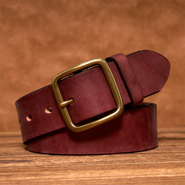 Ceinture en cuir à boucle carrée en laiton vintage simple et chic - Rouge foncé - 44 - image 13