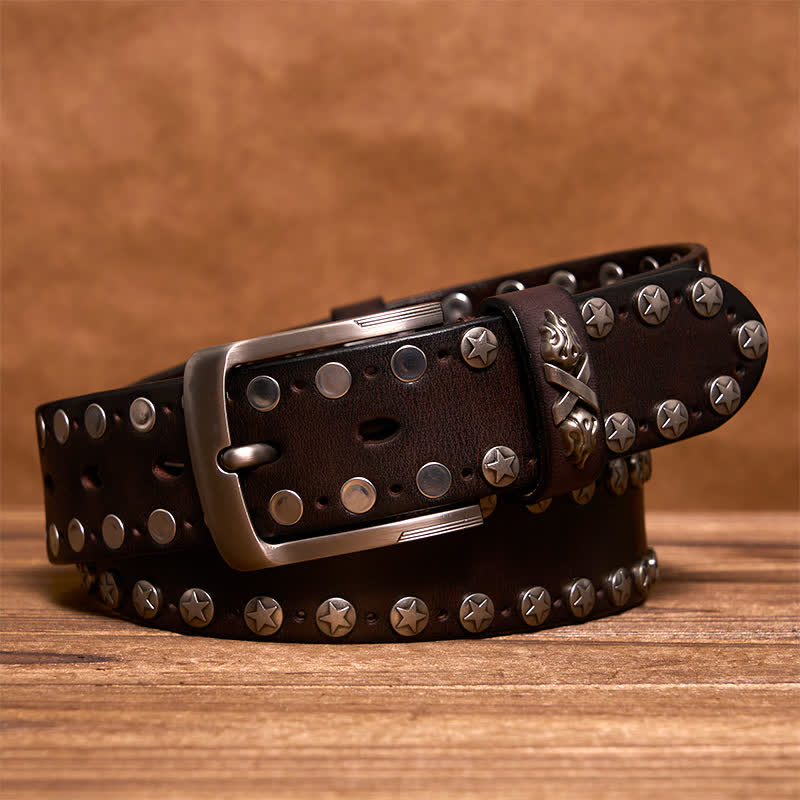 Ceinture en cuir cloutée faite main style punk biker - Brun - 42 - image 0