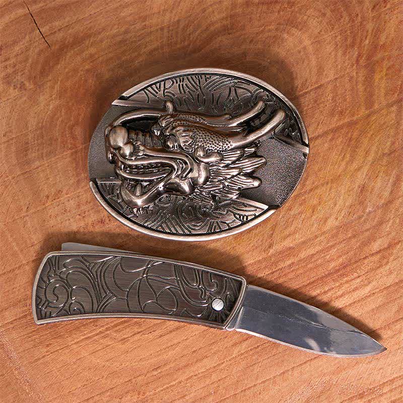Ceinture en cuir pour homme avec couteau pliant caché en forme de tête de dragon