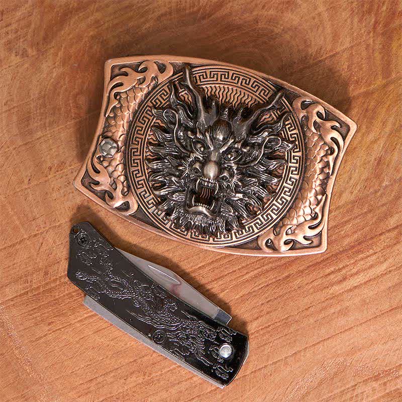 Ceinture en cuir pour homme avec couteau pliant caché et dragon en bronze rouge
