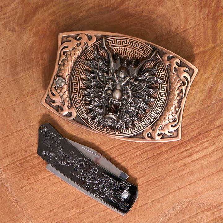 Ceinture en cuir pour homme avec couteau pliant caché et dragon en bronze rouge