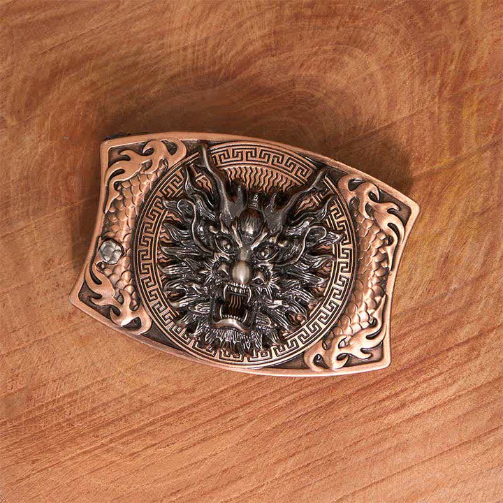 Ceinture en cuir pour homme avec couteau pliant caché et dragon en bronze rouge