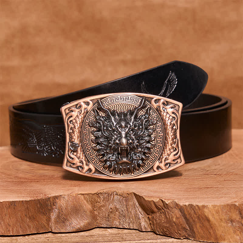 Ceinture en cuir pour homme avec couteau pliant caché et dragon en bronze rouge