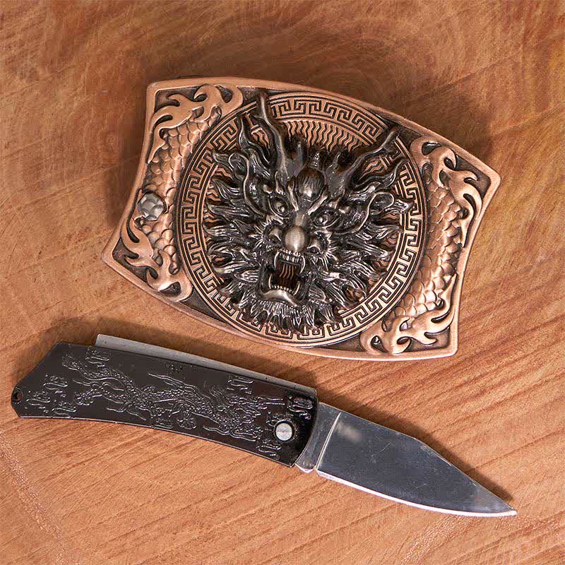 Ceinture en cuir pour homme avec couteau pliant caché et dragon en bronze rouge