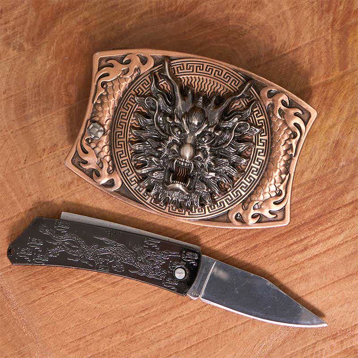 Ceinture en cuir pour homme avec couteau pliant caché et dragon en bronze rouge