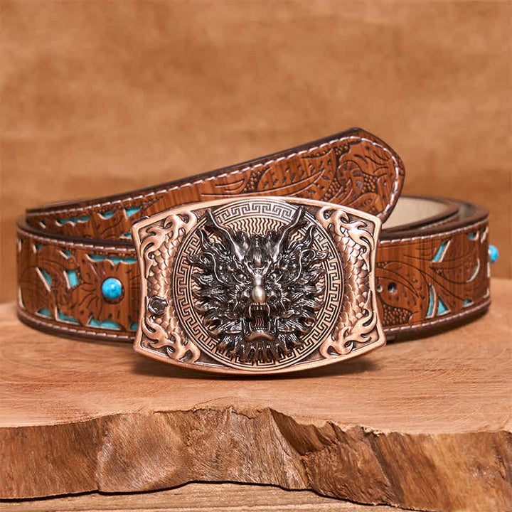 Ceinture en cuir pour homme avec couteau pliant caché et dragon en bronze rouge