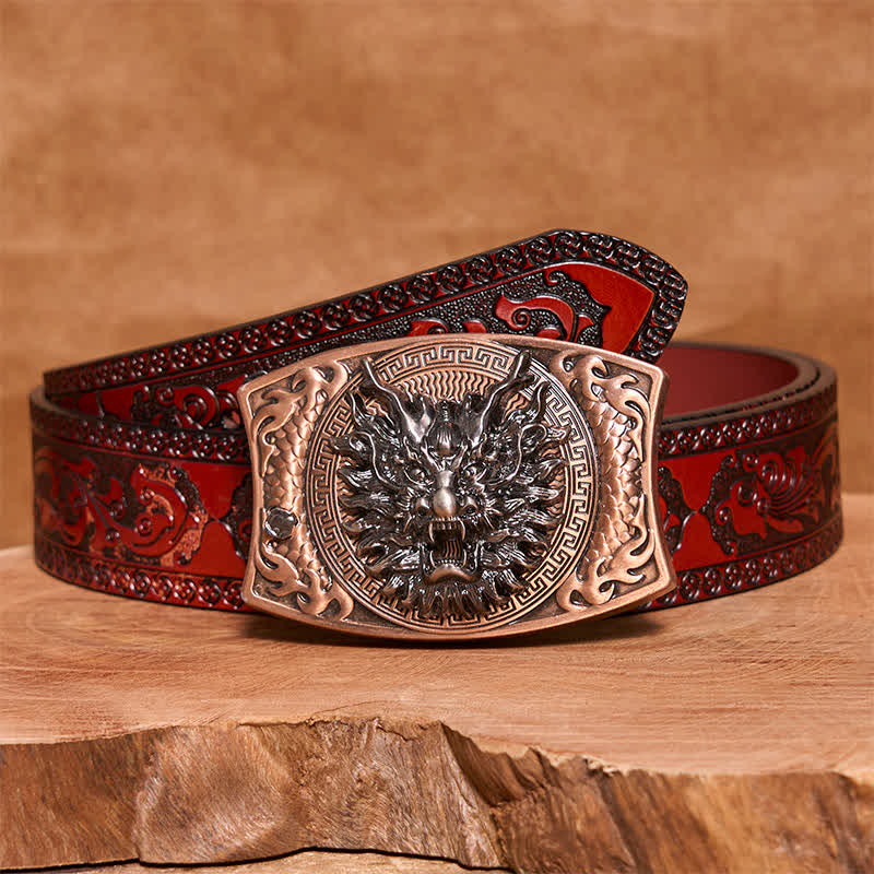 Ceinture en cuir pour homme avec couteau pliant caché et dragon en bronze rouge