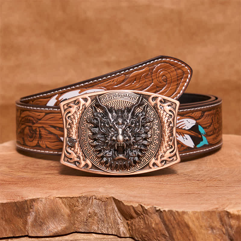 Ceinture en cuir pour homme avec couteau pliant caché et dragon en bronze rouge