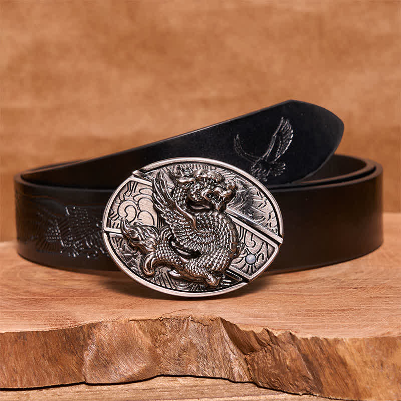 Ceinture en cuir pour homme avec couteau pliant caché et dragon volant
