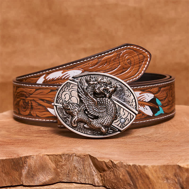 Ceinture en cuir pour homme avec couteau pliant caché et dragon volant