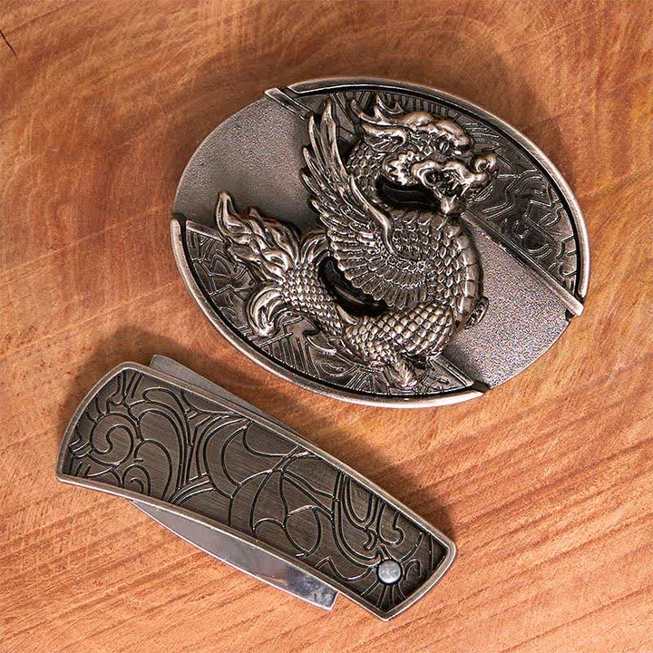 Ceinture en cuir pour homme avec couteau pliant caché et dragon volant