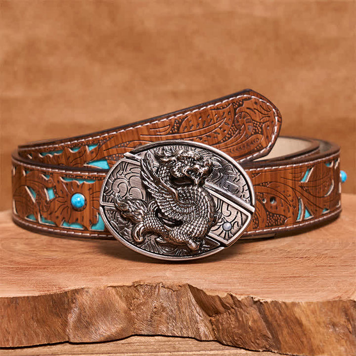 Ceinture en cuir pour homme avec couteau pliant caché et dragon volant