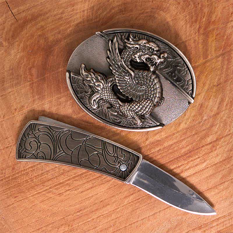 Ceinture en cuir pour homme avec couteau pliant caché et dragon volant