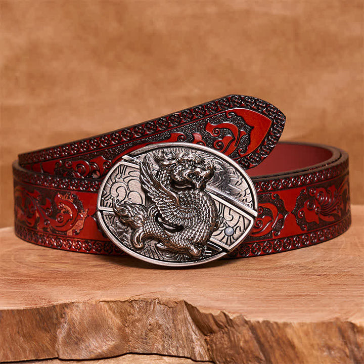 Ceinture en cuir pour homme avec couteau pliant caché et dragon volant