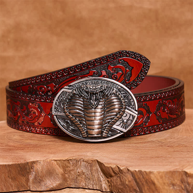 Ceinture en cuir pour homme avec couteau pliant caché cobra venimeux - Cobra - Ceinture marron sculptée - 42 - image 5