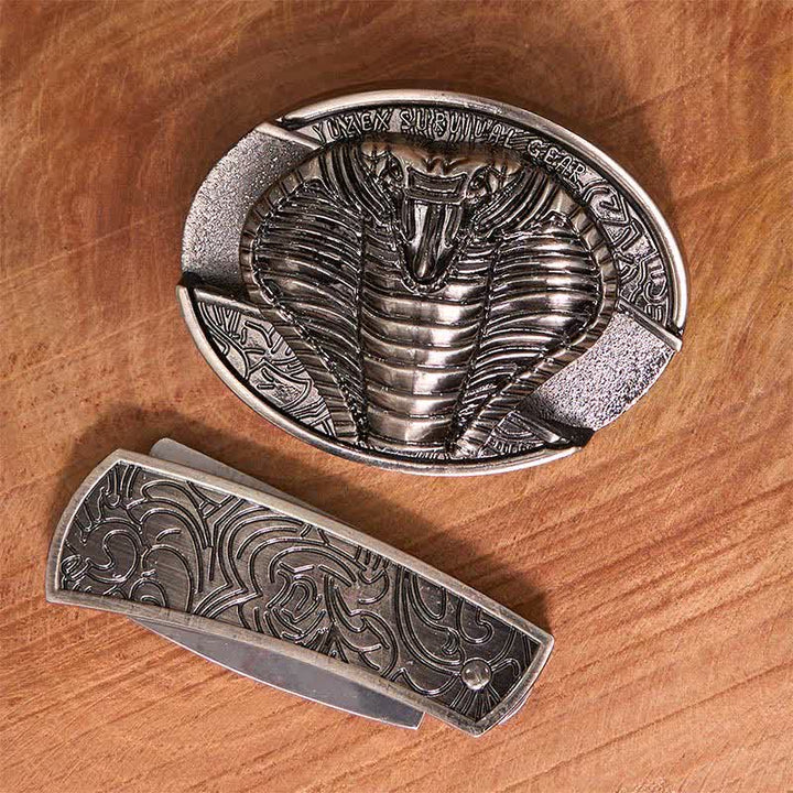 Ceinture en cuir pour homme avec couteau pliant caché cobra venimeux