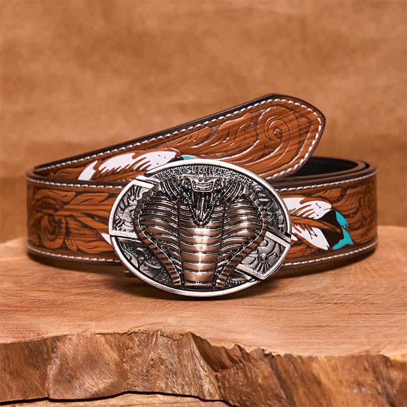 Ceinture en cuir pour homme avec couteau pliant caché cobra venimeux - Cobra - Ceinture à plumes marron - 40 - image 9