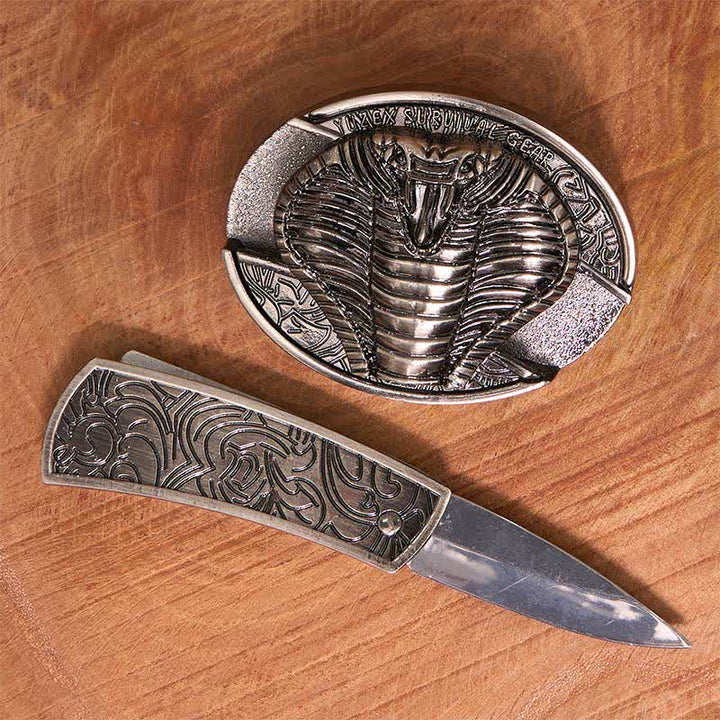 Ceinture en cuir pour homme avec couteau pliant caché cobra venimeux