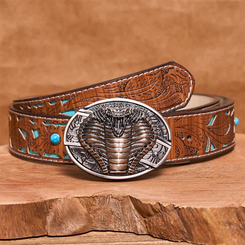Ceinture en cuir pour homme avec couteau pliant caché cobra venimeux - Cobra - Ceinture sculptée en turquoise - 42 - image 6