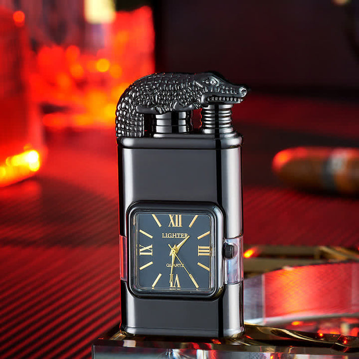 Briquet butane rechargeable à double flamme avec horloge et motif crocodile