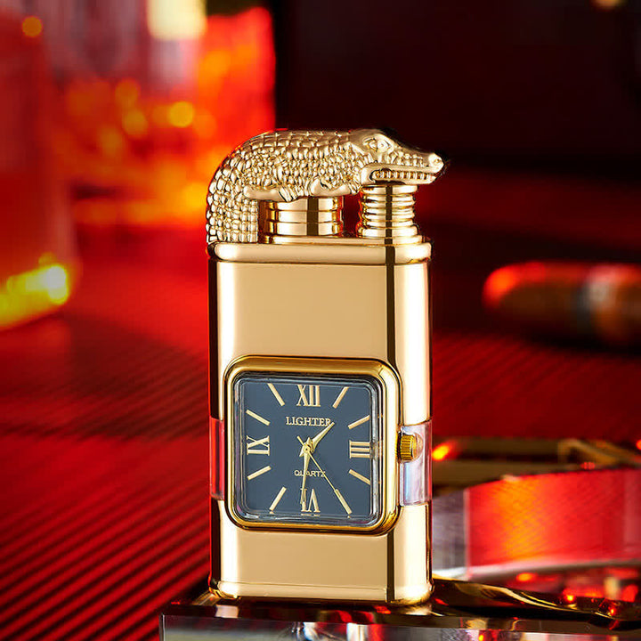 Briquet butane rechargeable à double flamme avec horloge et motif crocodile