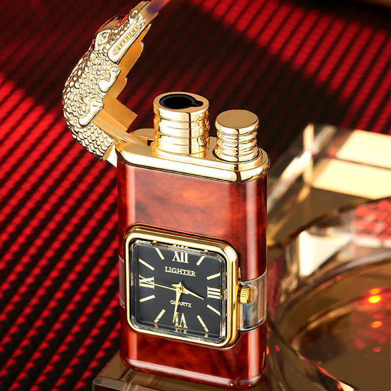 Briquet butane rechargeable à double flamme avec horloge et motif crocodile