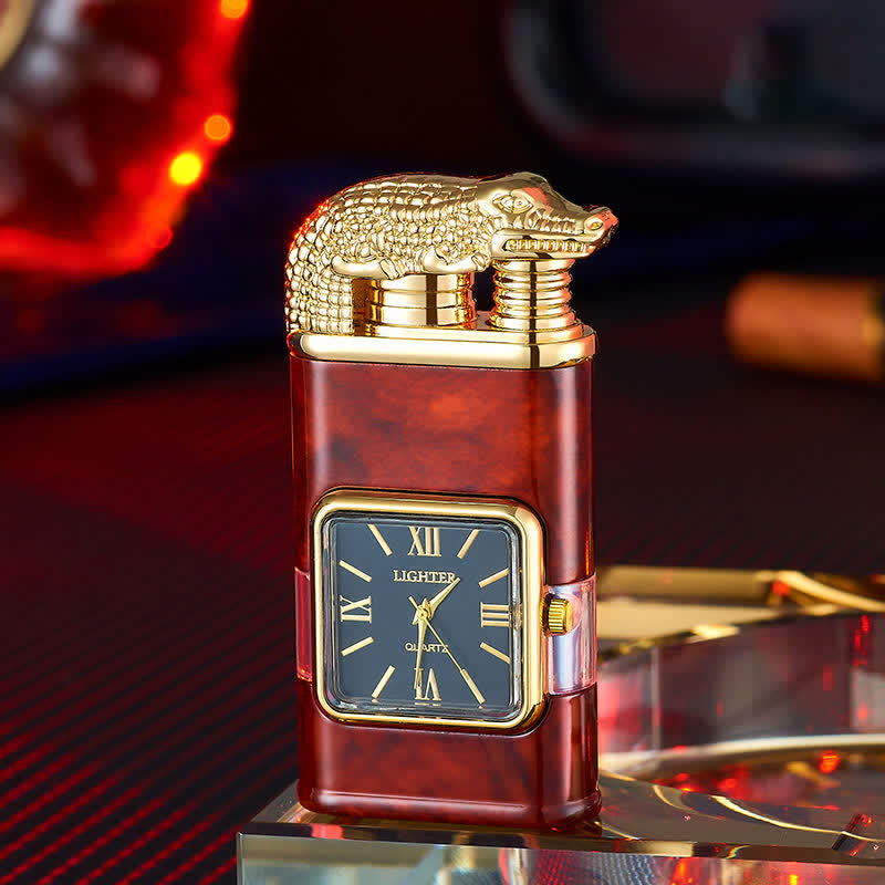 Briquet butane rechargeable à double flamme avec horloge et motif crocodile