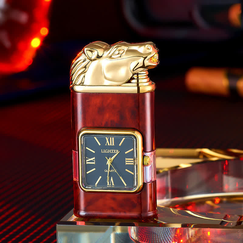 Briquet butane rechargeable à double flamme avec horloge et motif cheval