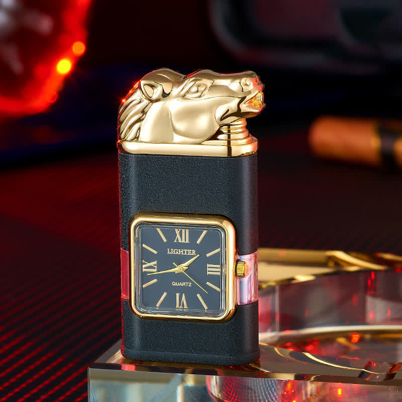 Briquet butane rechargeable à double flamme avec horloge et motif cheval