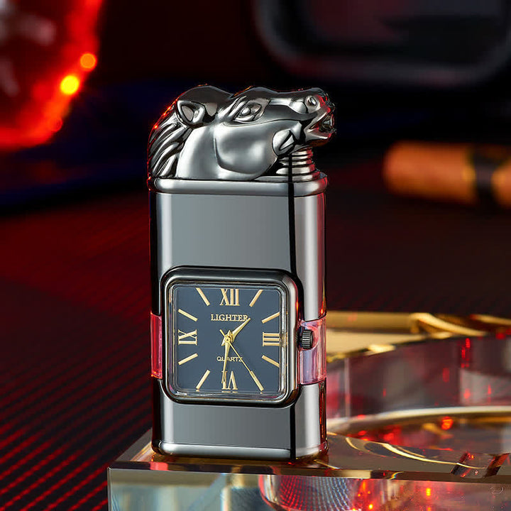 Briquet butane rechargeable à double flamme avec horloge et motif cheval
