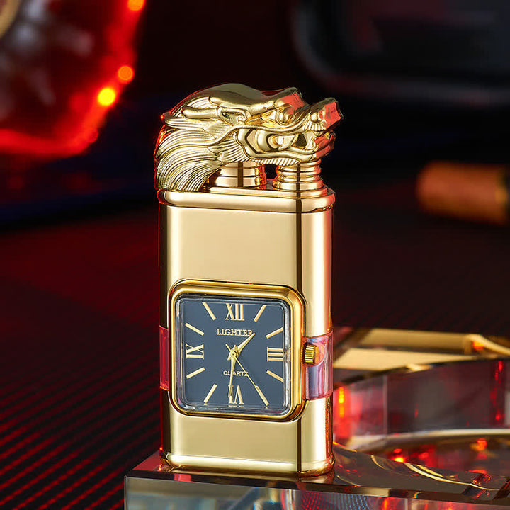 Briquet butane rechargeable à double flamme Dragon Design avec horloge