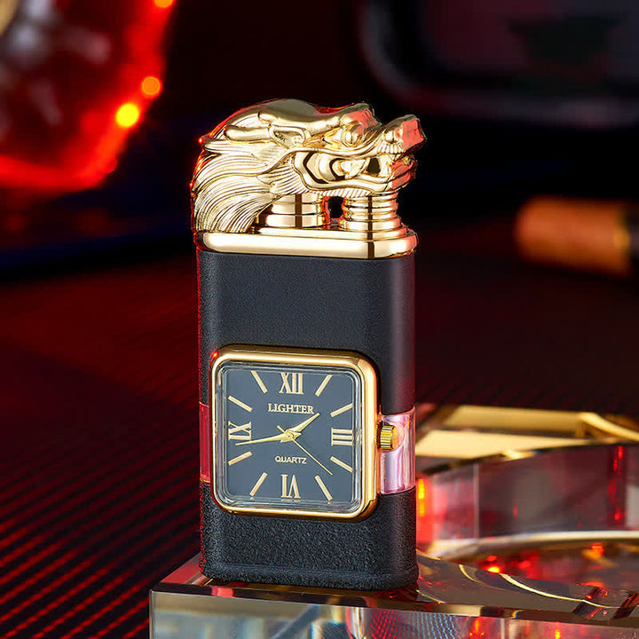 Briquet butane rechargeable à double flamme Dragon Design avec horloge