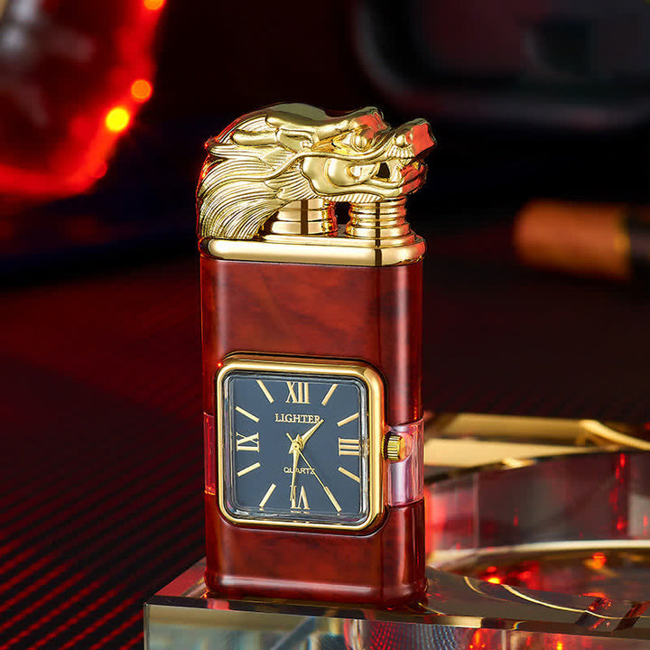 Briquet butane rechargeable à double flamme Dragon Design avec horloge