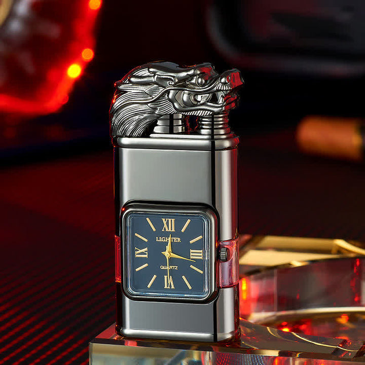 Briquet butane rechargeable à double flamme Dragon Design avec horloge